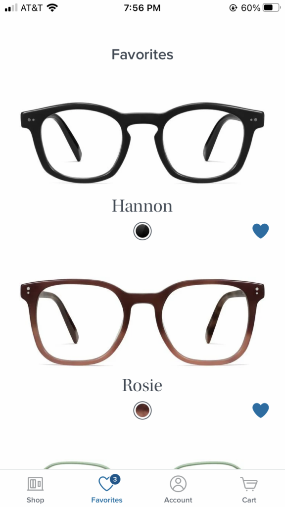 Favorite page on Warby Parker app